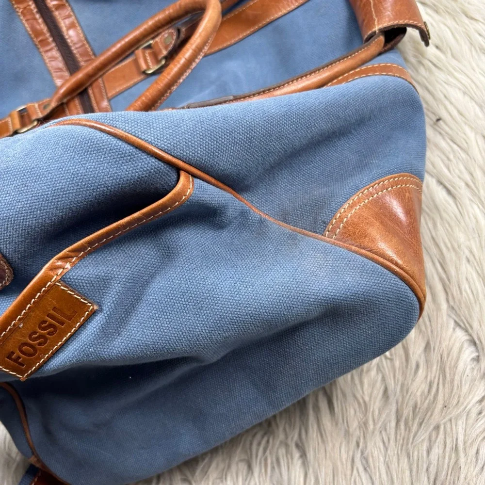 Vintage Fossil Blue Canvas Brown Leather Duffle Bag Travel Classic Preppy Retro